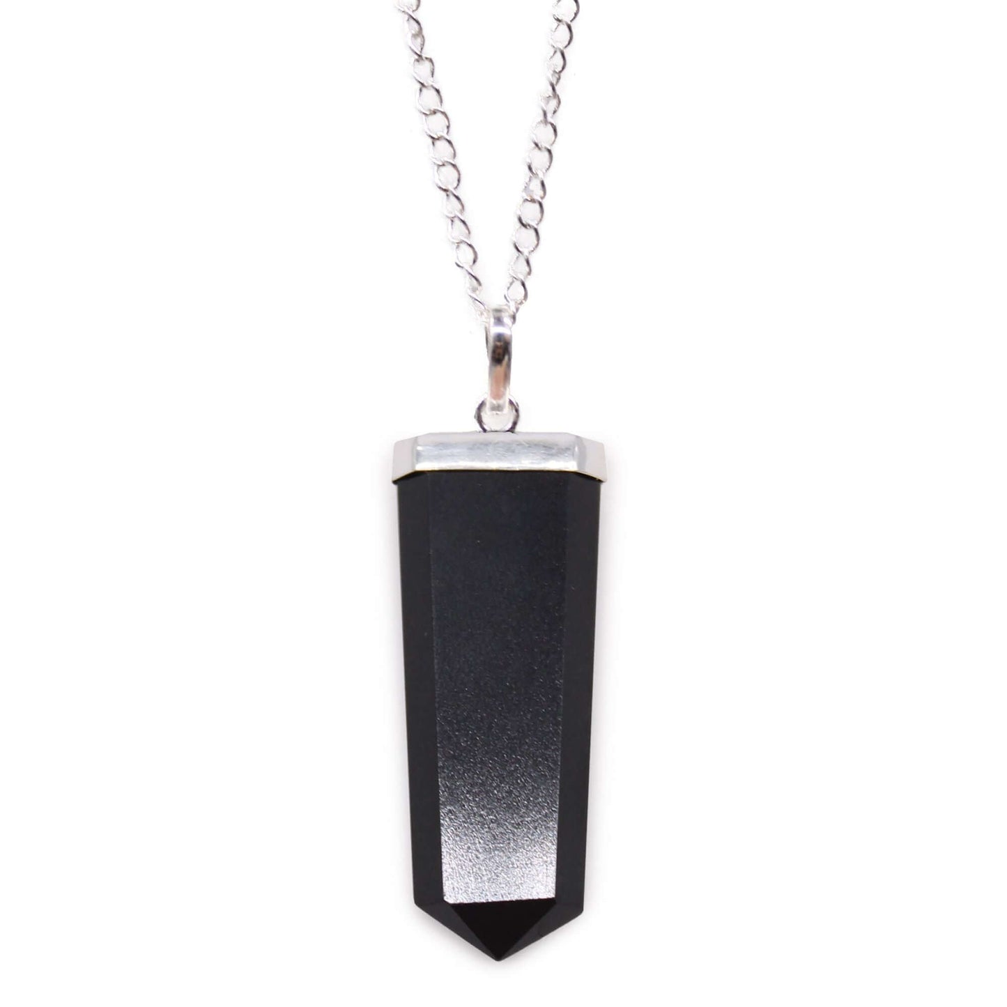 Black Agate Flat Pencil Pendant Necklace Gemstone Silver Plated featuring a sleek black agate design.
