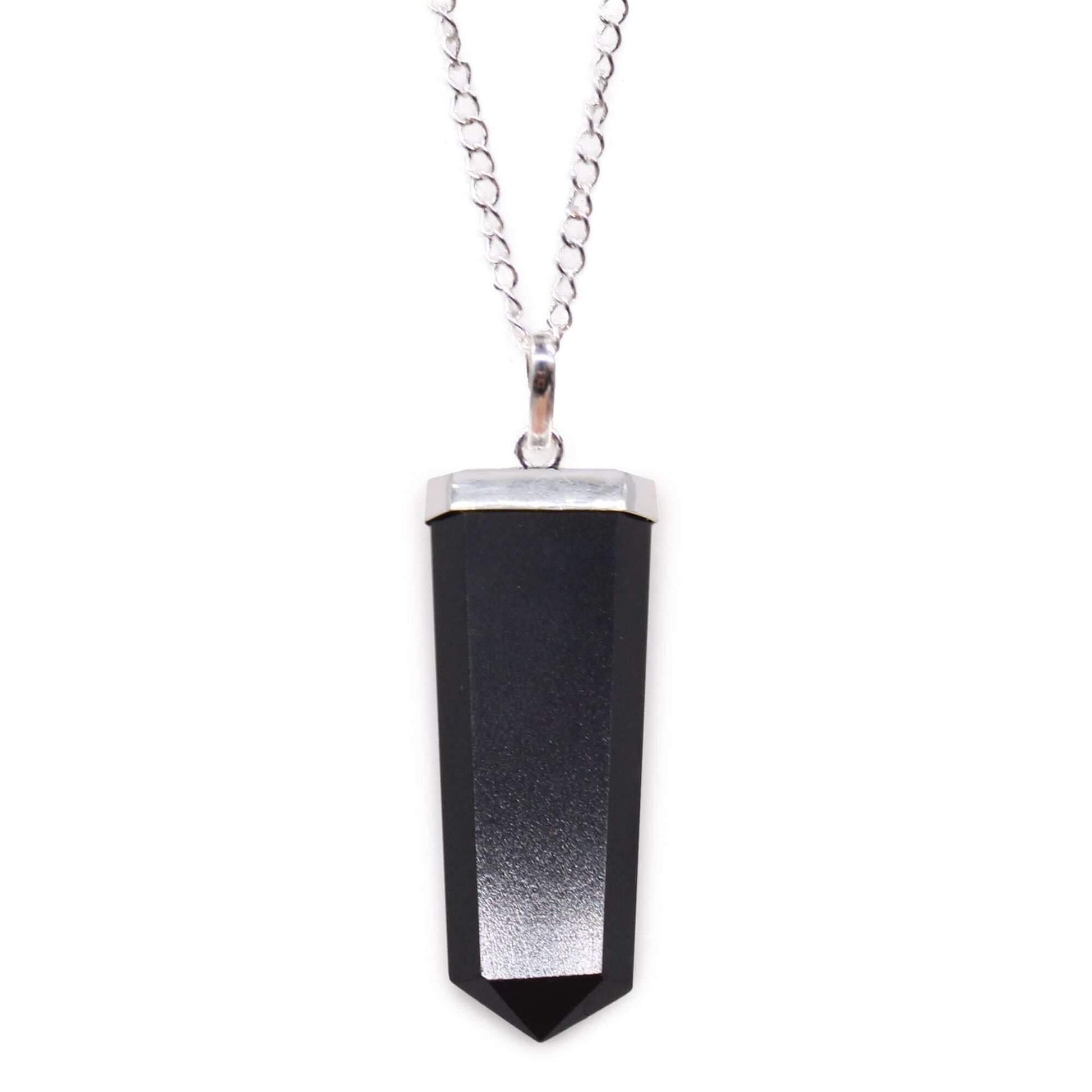 Black Agate Flat Pencil Pendant Necklace Gemstone Silver Plated featuring a sleek black agate design.