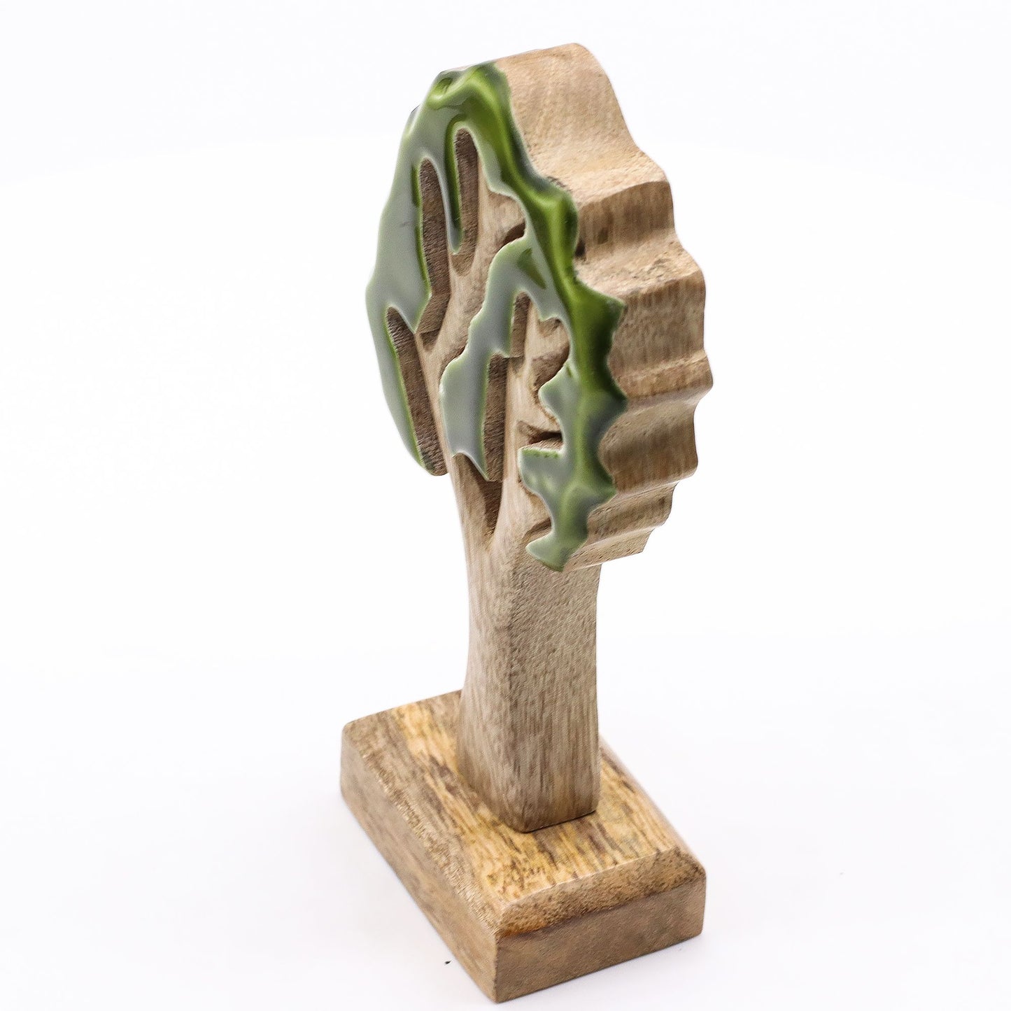 Lost in the Forrest - 3D wooden tree ornament on a stand, handcrafted mango wood with glossy green enamel, 20x10cm.