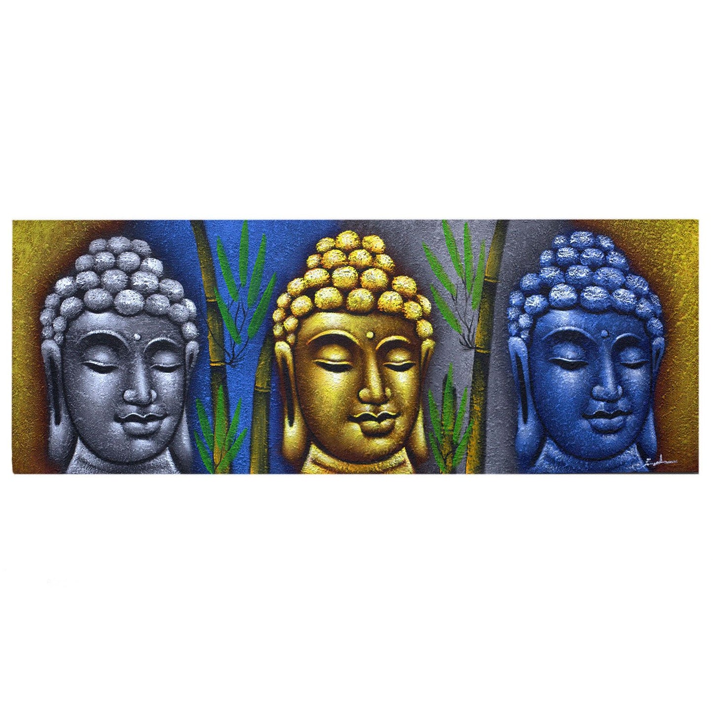 Buddha Painting - Three Heads With Bamboo: canvas trio of Buddha heads in silver, gold and blue with bamboo accents.