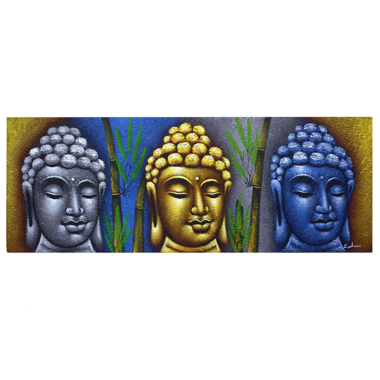 Buddha Painting - Three Heads With Bamboo: canvas trio of Buddha heads in silver, gold and blue with bamboo accents.