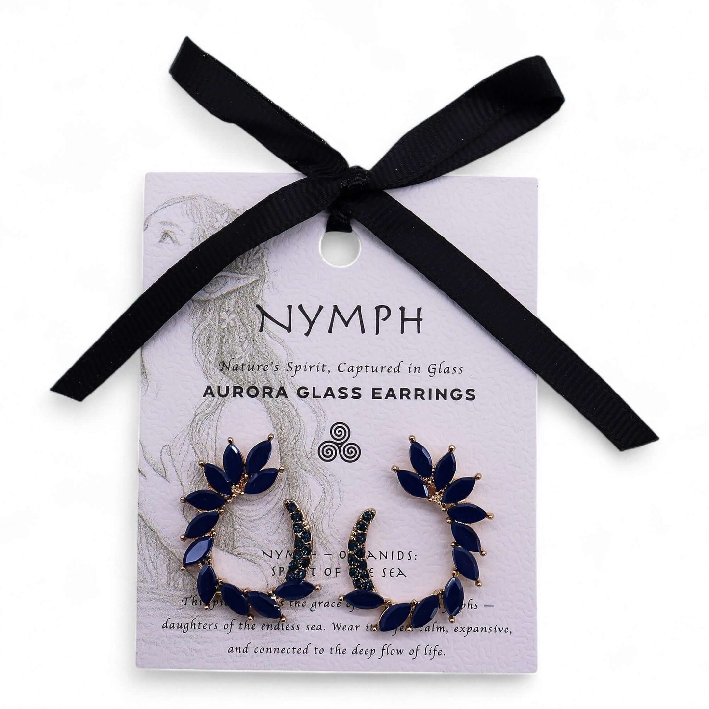 Royal Blue Vintage Glass Loop Earrings By Nymph Aurora on a display card with a black ribbon.