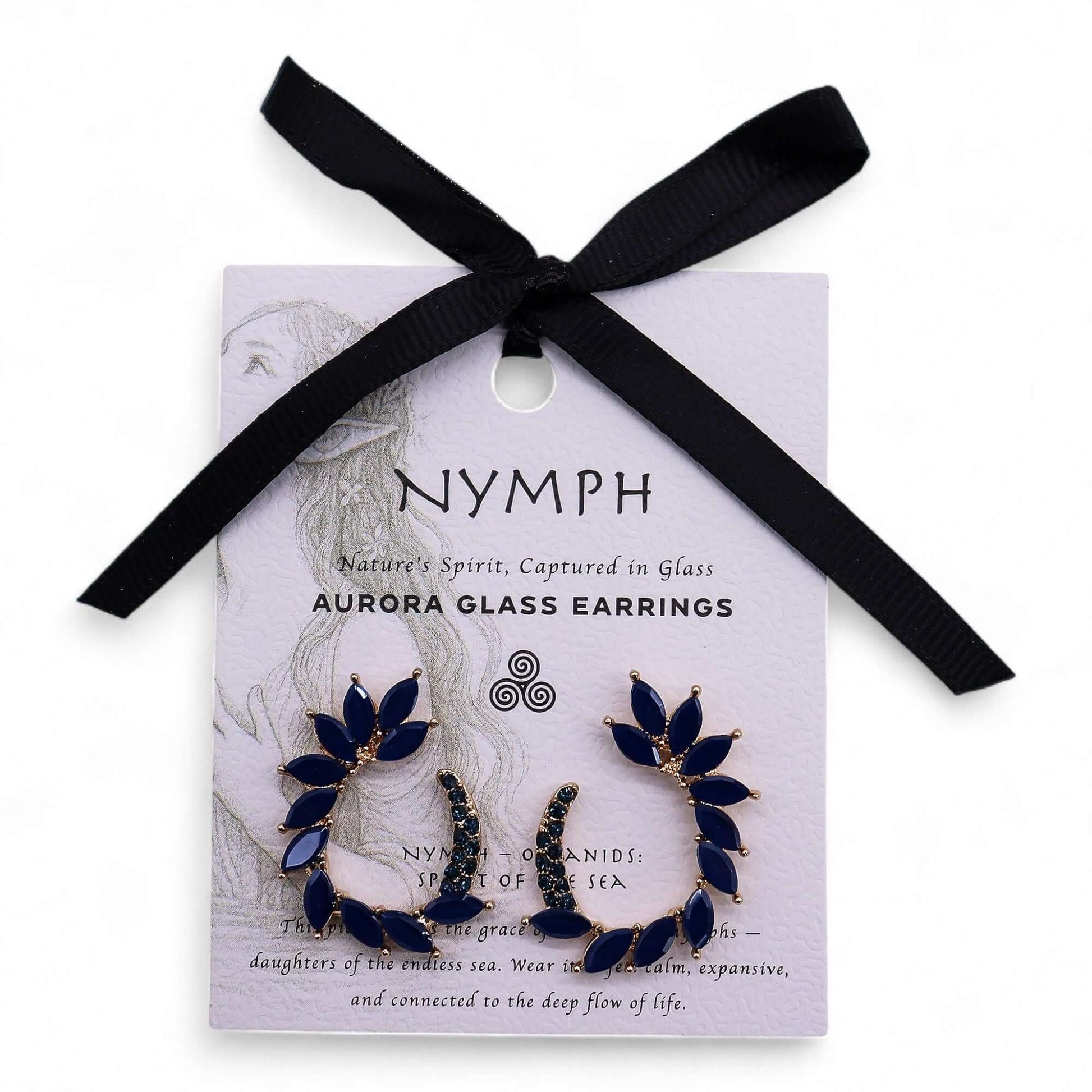 Royal Blue Vintage Glass Loop Earrings By Nymph Aurora on a display card with a black ribbon.
