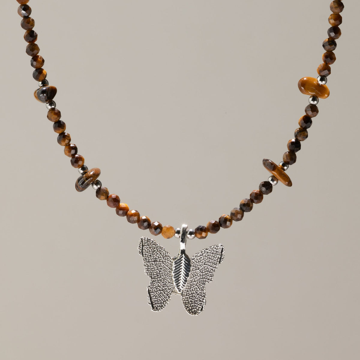Tiger's Eye Gemstone Necklace with Real Leaf Butterfly Pendant