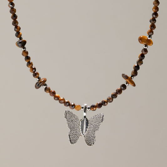 Tiger's Eye Gemstone Necklace with Real Leaf Butterfly Pendant