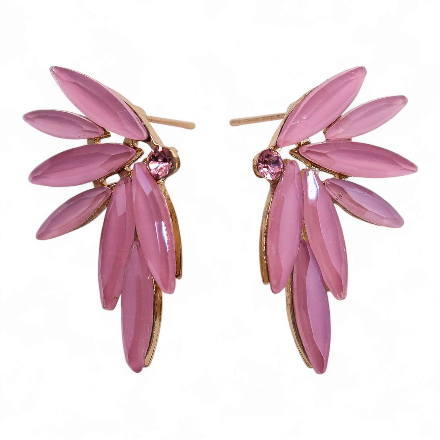 Soft Pink vintage glass fairy earrings with leaf-shaped petals and pink centre stones on gold-tone setting.