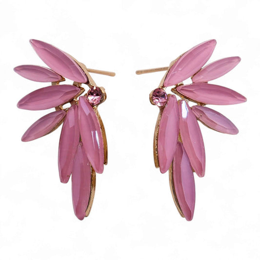 Soft Pink vintage glass fairy earrings with leaf-shaped petals and pink centre stones on gold-tone setting.