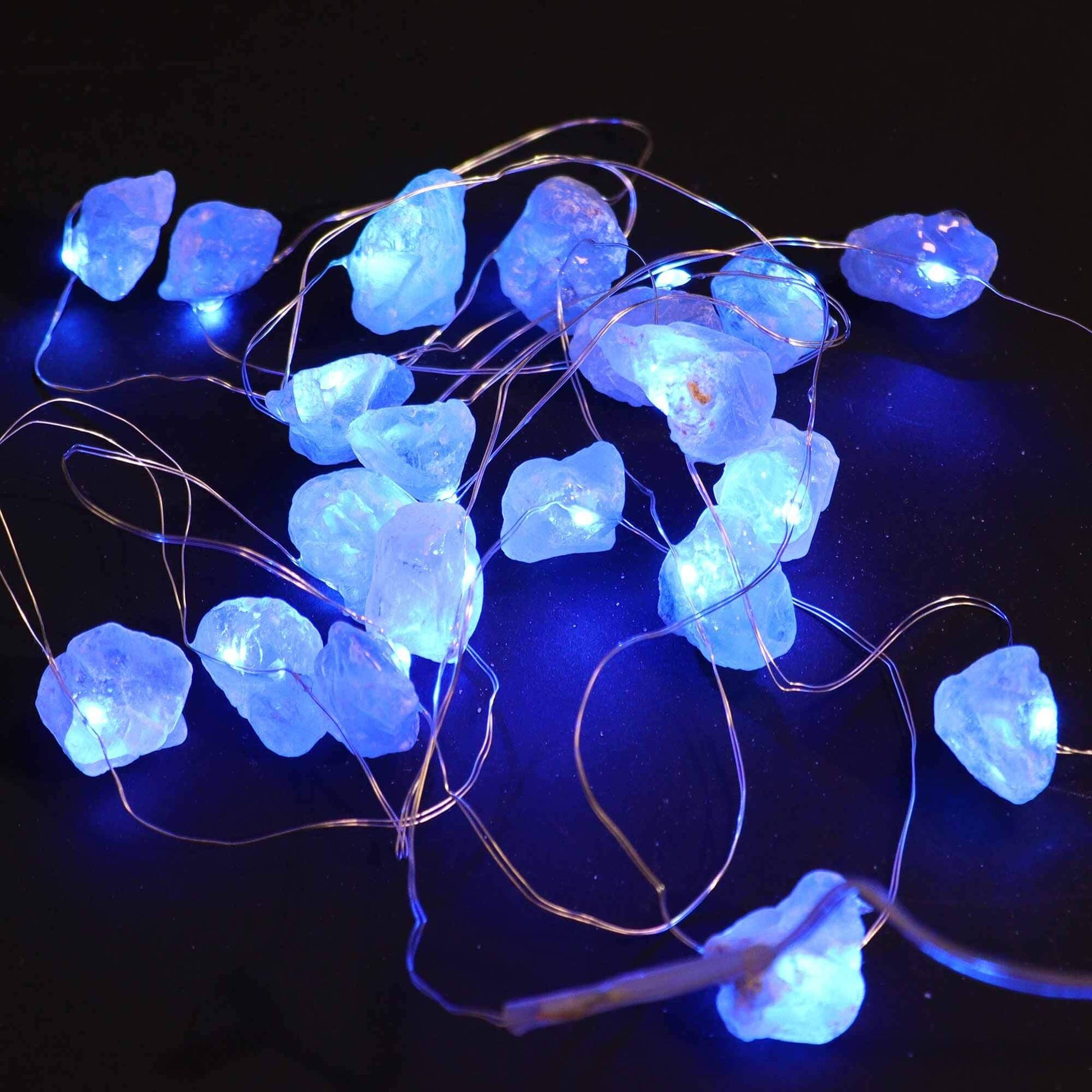 Celestite Gemstone Enchantment Lights USB Powered With Celestite Crystals glowing with serene blue LED lights.