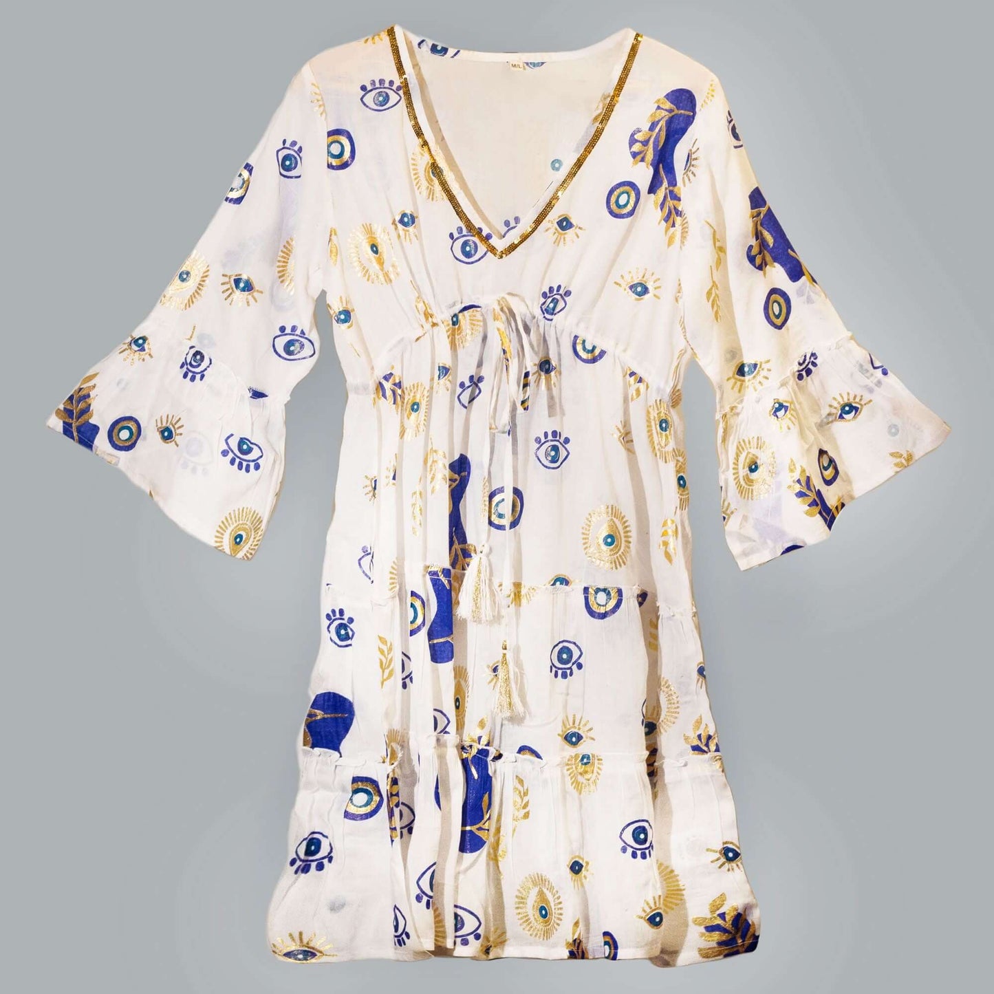Nomad Sari Evil Eye Dress White Blue Gold Size M/L