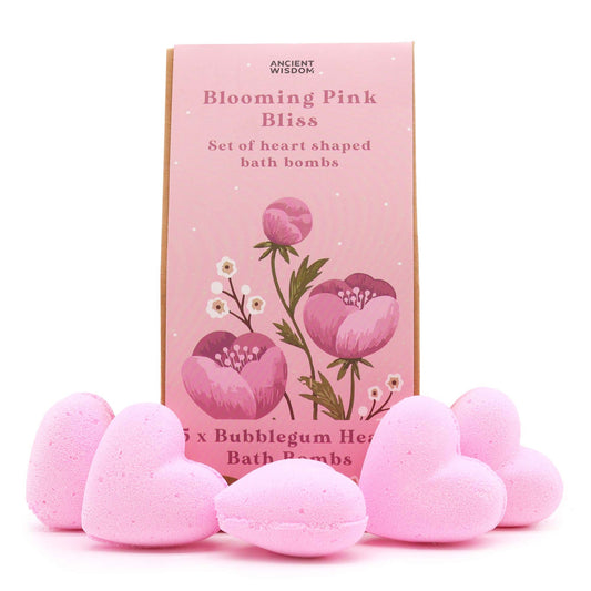 Blooming Pink Bliss Bath Heart Gift Set by Ancient Wisdom — box with floral art and five pink heart bath bombs