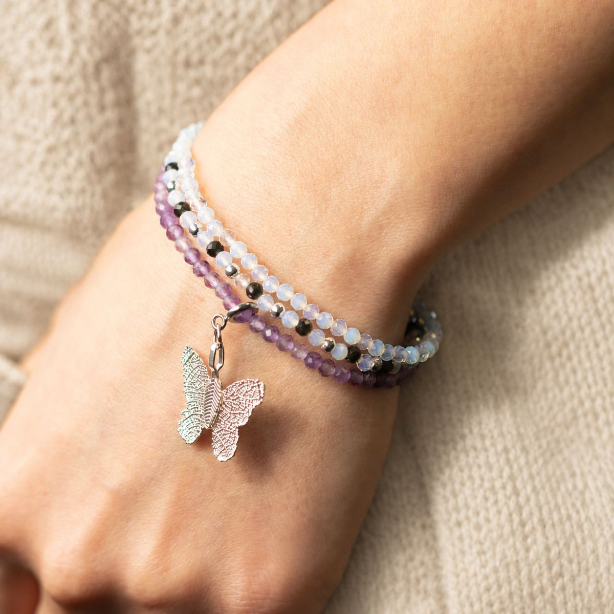 Amethyst, Moonstone & Black Obsidian Gemstone Bracelet Set