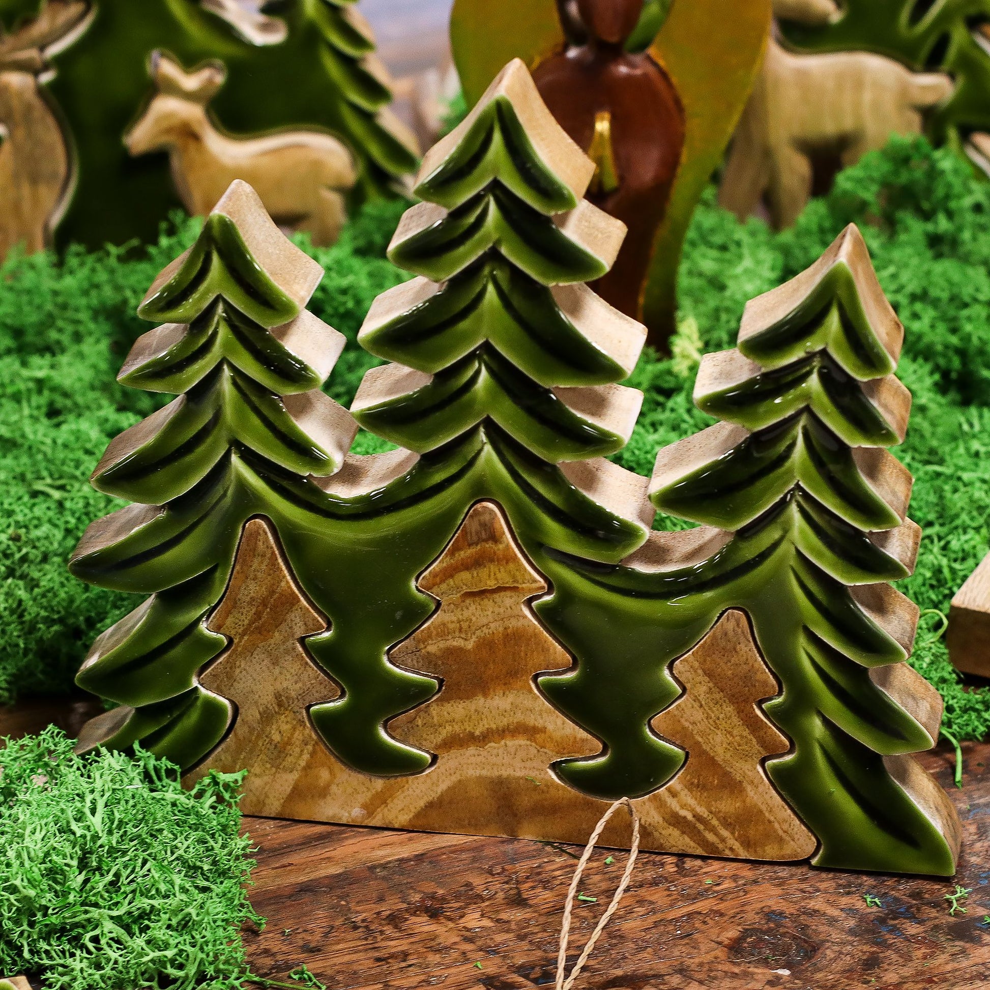 Three layered evergreen trees on a natural wood base, Lost in the Forrest 3D Wooden Decoration, 20x23cm, India.