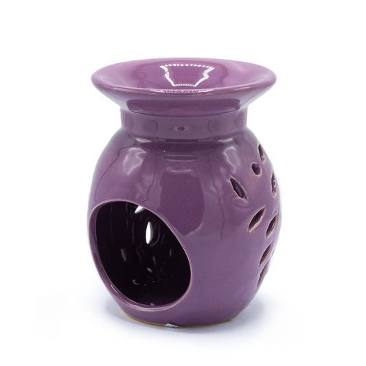 Floral Oil Burner - Lavender, glossy purple ceramic aromatherapy burner with floral cutout pattern