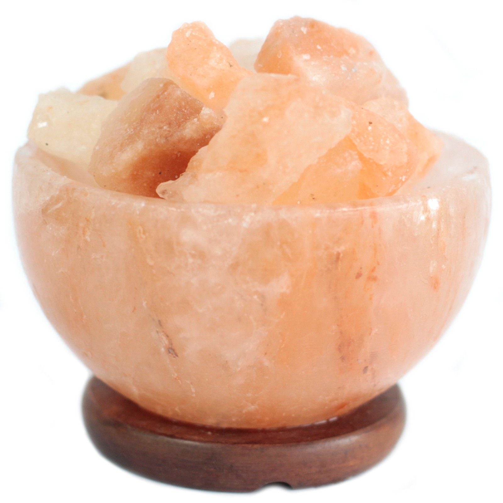 Salt Fire Bowl and Chunks in pink Himalayan salt, bowl on a wooden stand, 15cm x 9cm