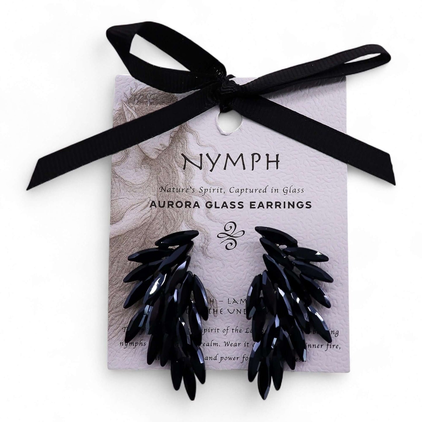 Jet Black Vintage Glass Angel Wing Earrings Stainless Steel displayed elegantly on a card with a ribbon.