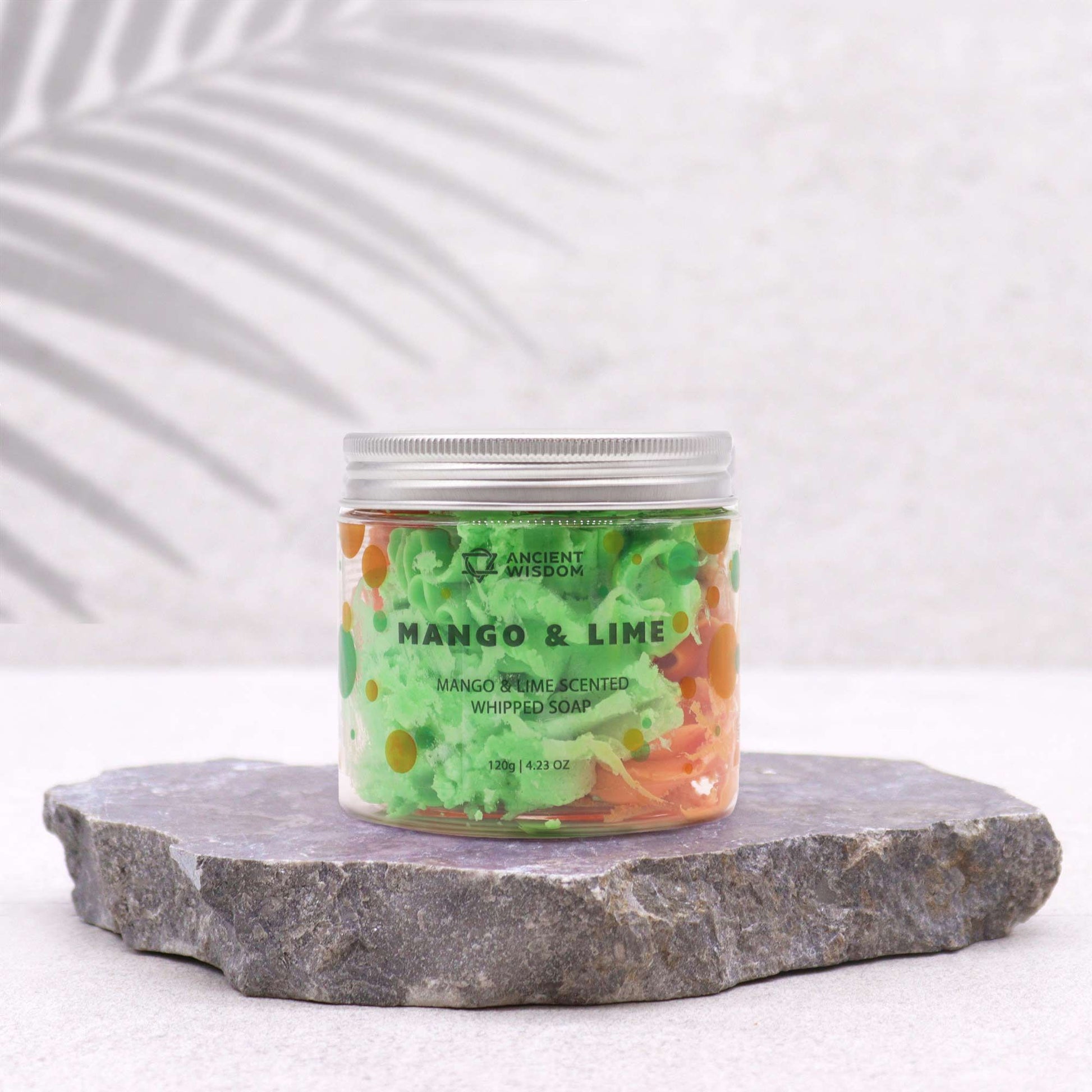 Mango & Lime Whipped Soap 120g in a silver-lidded jar with green and orange swirls; vegan, cruelty-free.