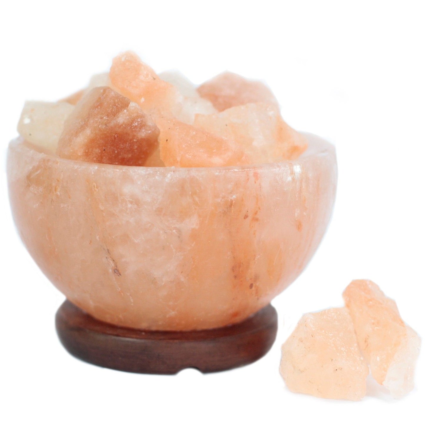 Pink Himalayan salt bowl with chunks on a wooden stand, Salt Fire Bowl and Chunks, 15cm x 9cm