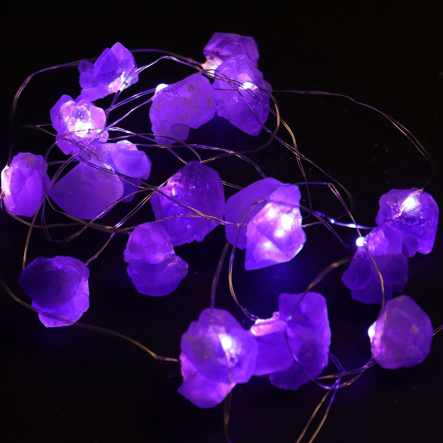 Amethyst Gemstone Enchantment Lights USB String with soothing purple LED glow and crystal amethyst rocks.