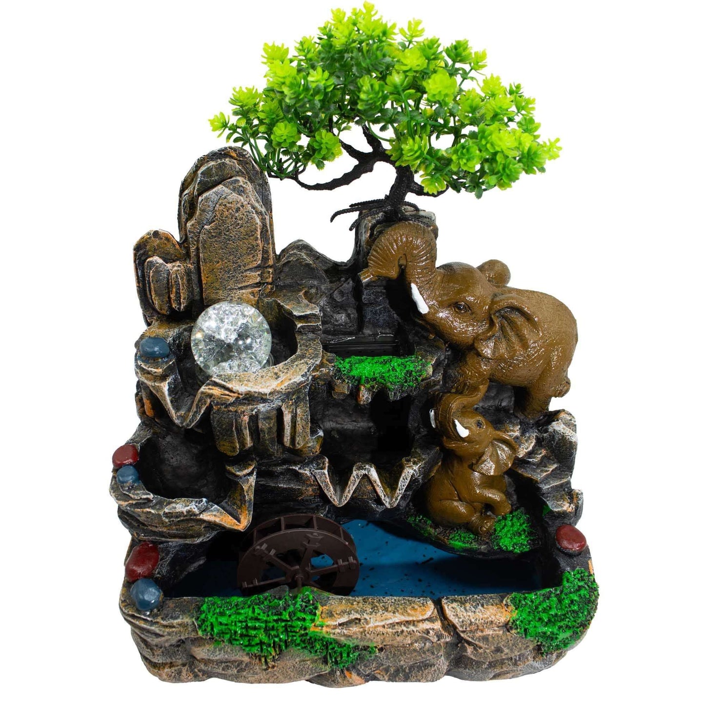 Tabletop Water Feature Elephants Crystal Ball Watermill Indoor Fountain Light