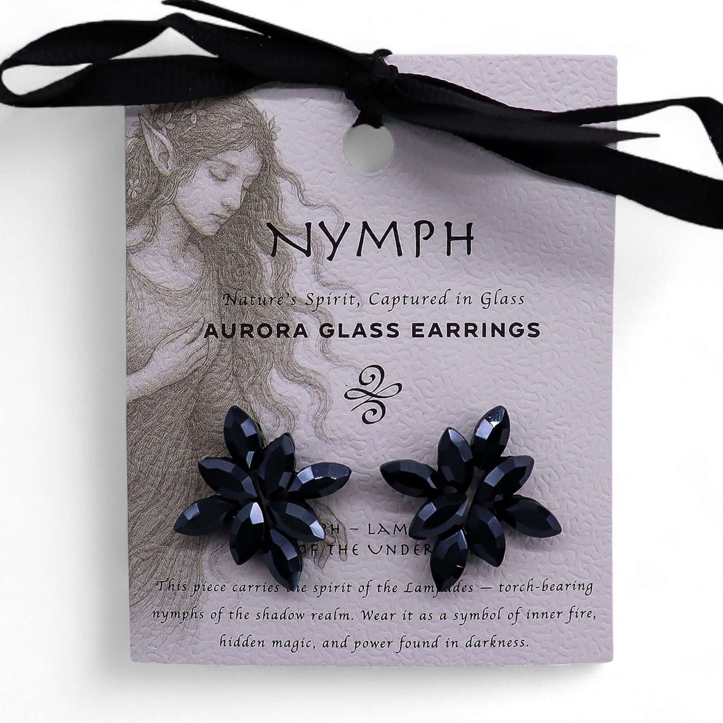 Jet Black Vintage Glass Flower Earrings With Stainless Steel Posts displayed with elegant packaging.