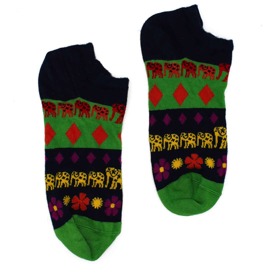 M/L Hop Hare Bamboo Socks Low (7.5-11.5) - Lucky Elephant, colorful low-cut design with elephant prints and vibrant patterns.