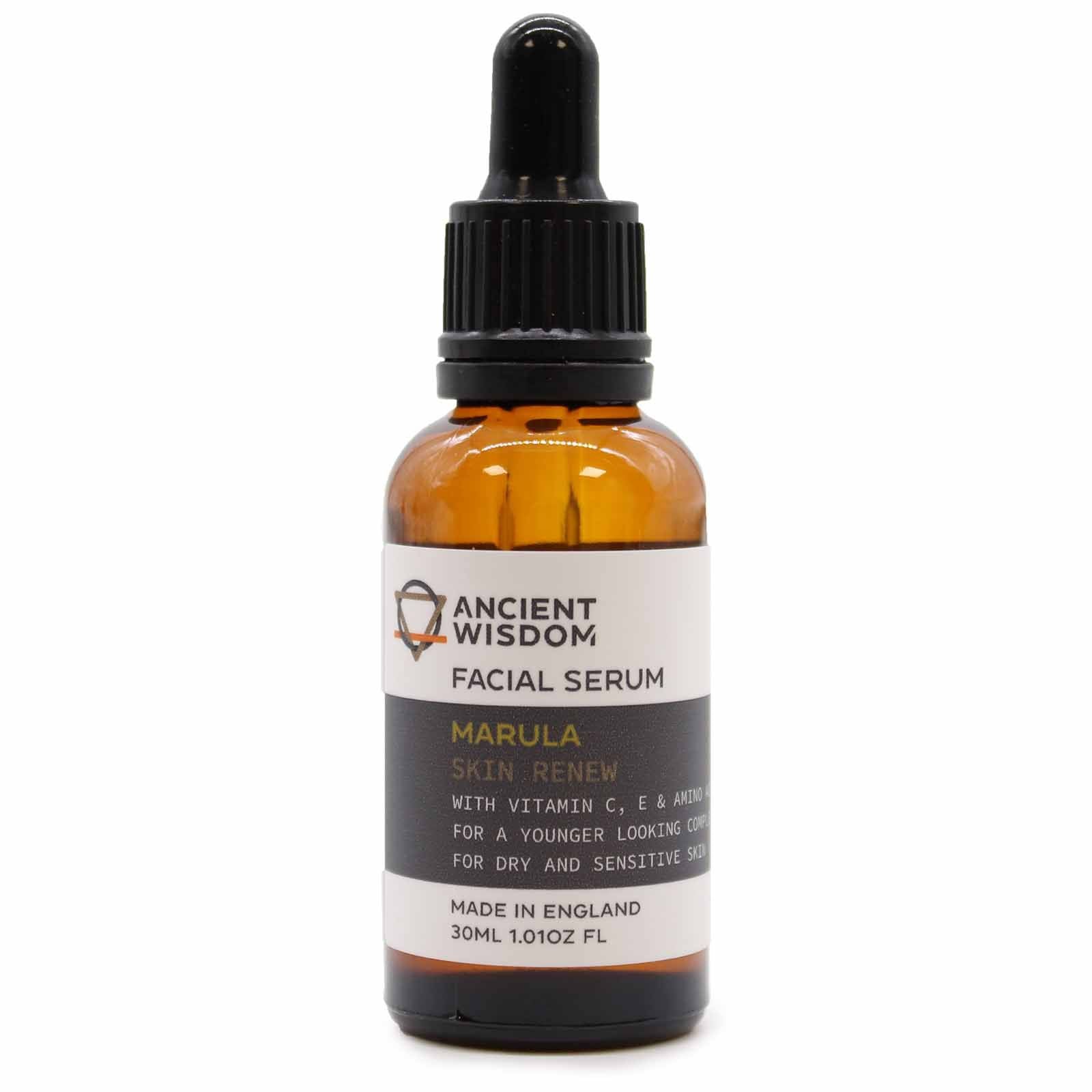 Ancient Wisdom Marula Oil Serum facial serum bottle with dropper for dry and sensitive skin.