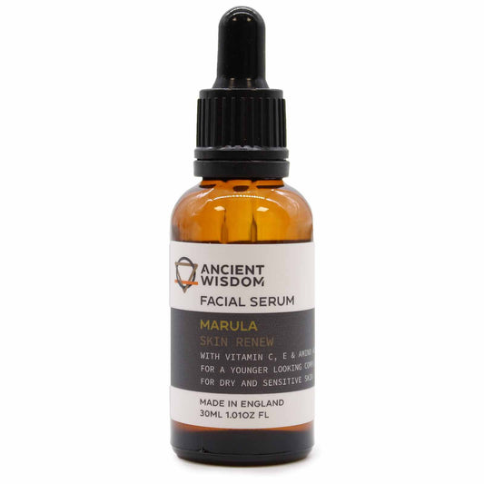 Ancient Wisdom Marula Oil Serum facial serum bottle with dropper for dry and sensitive skin.