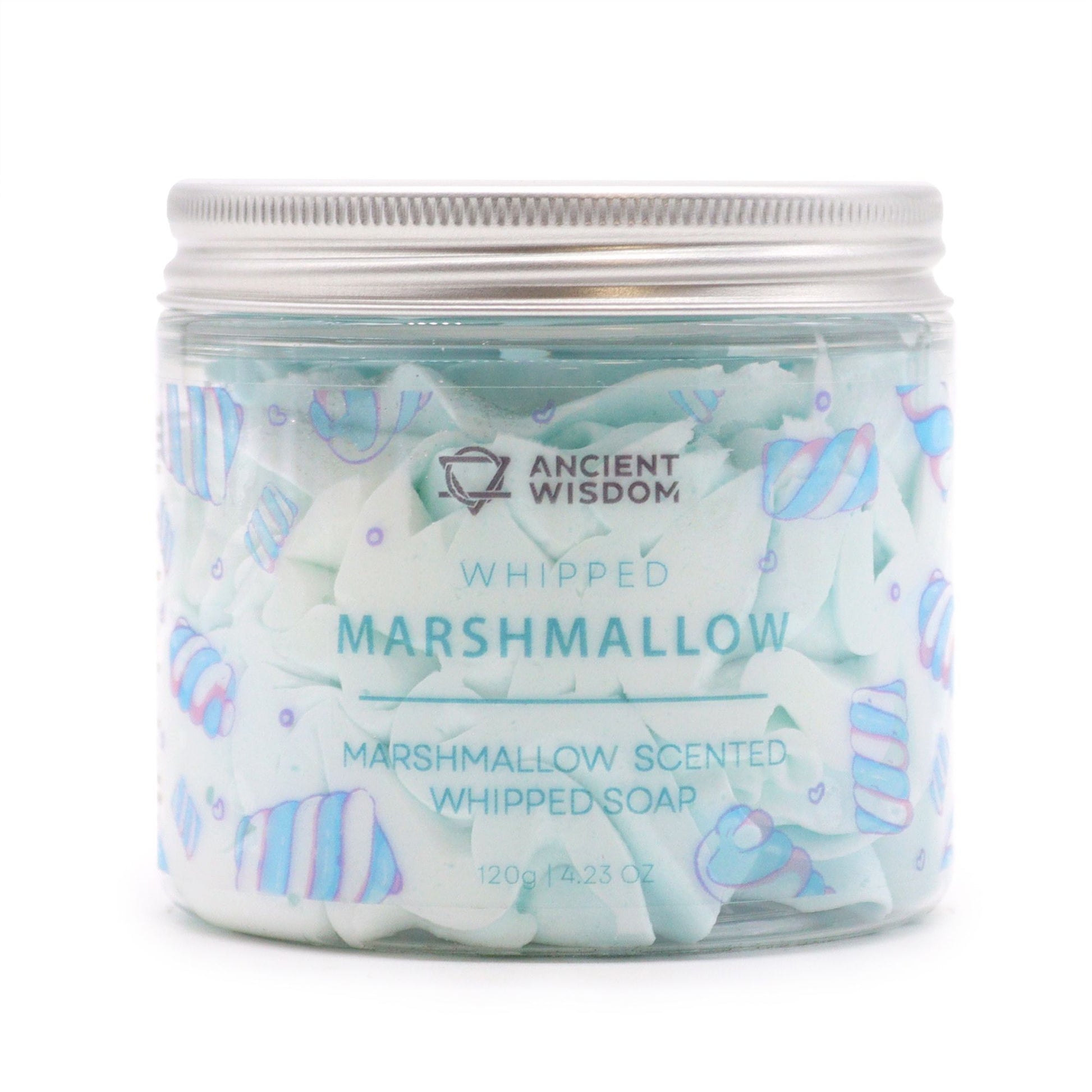 Marshmallow Whipped Soap 120g with sweet marshmallow scent; cruelty-free, vegan, soothing bath hydration.