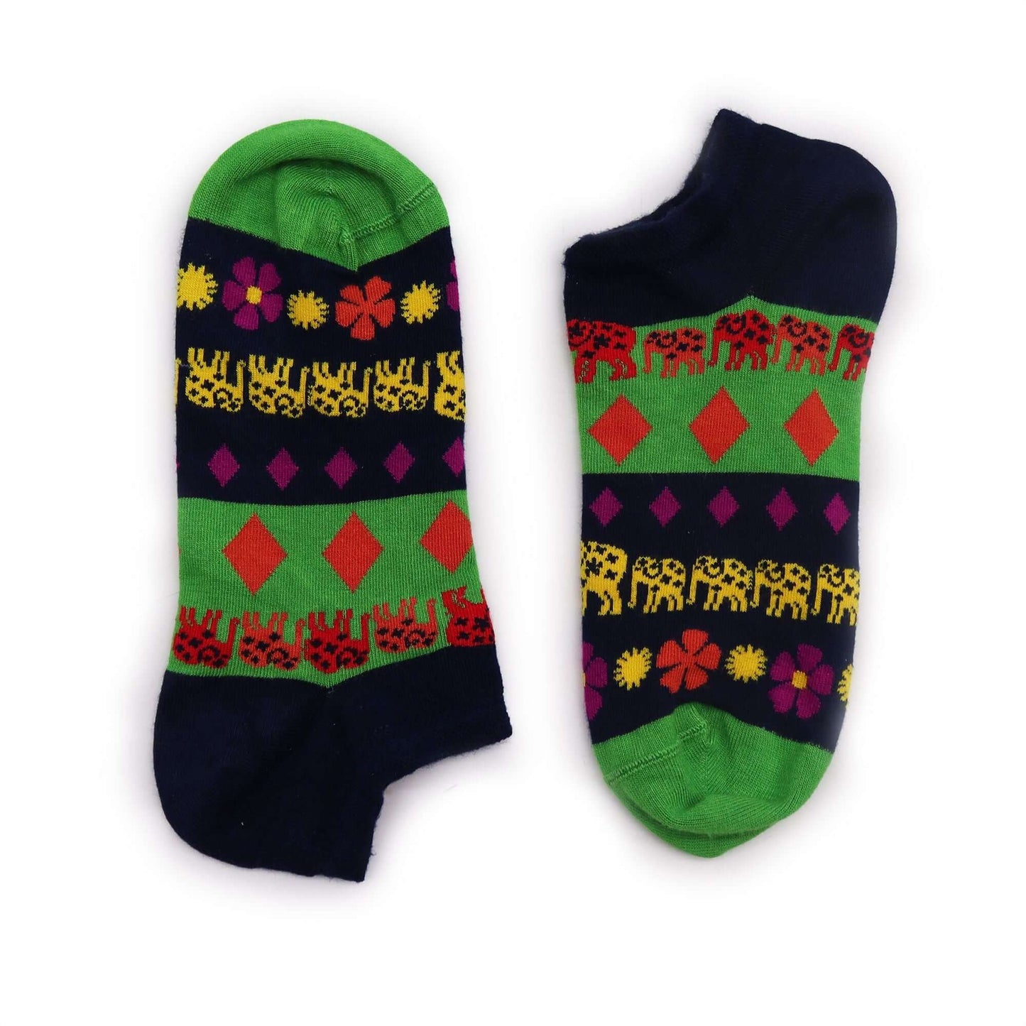S/M Hop Hare Bamboo Socks Low (3.5-6.5) - Lucky Elephant featuring colorful design with flowers and elephants.
