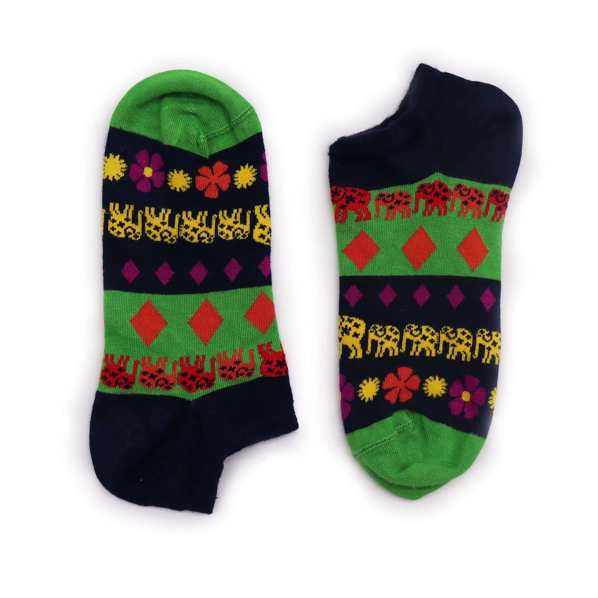 S/M Hop Hare Bamboo Socks Low (3.5-6.5) - Lucky Elephant featuring colorful design with flowers and elephants.