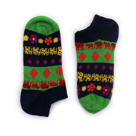 S/M Hop Hare Bamboo Socks Low (3.5-6.5) - Lucky Elephant featuring colorful design with flowers and elephants.