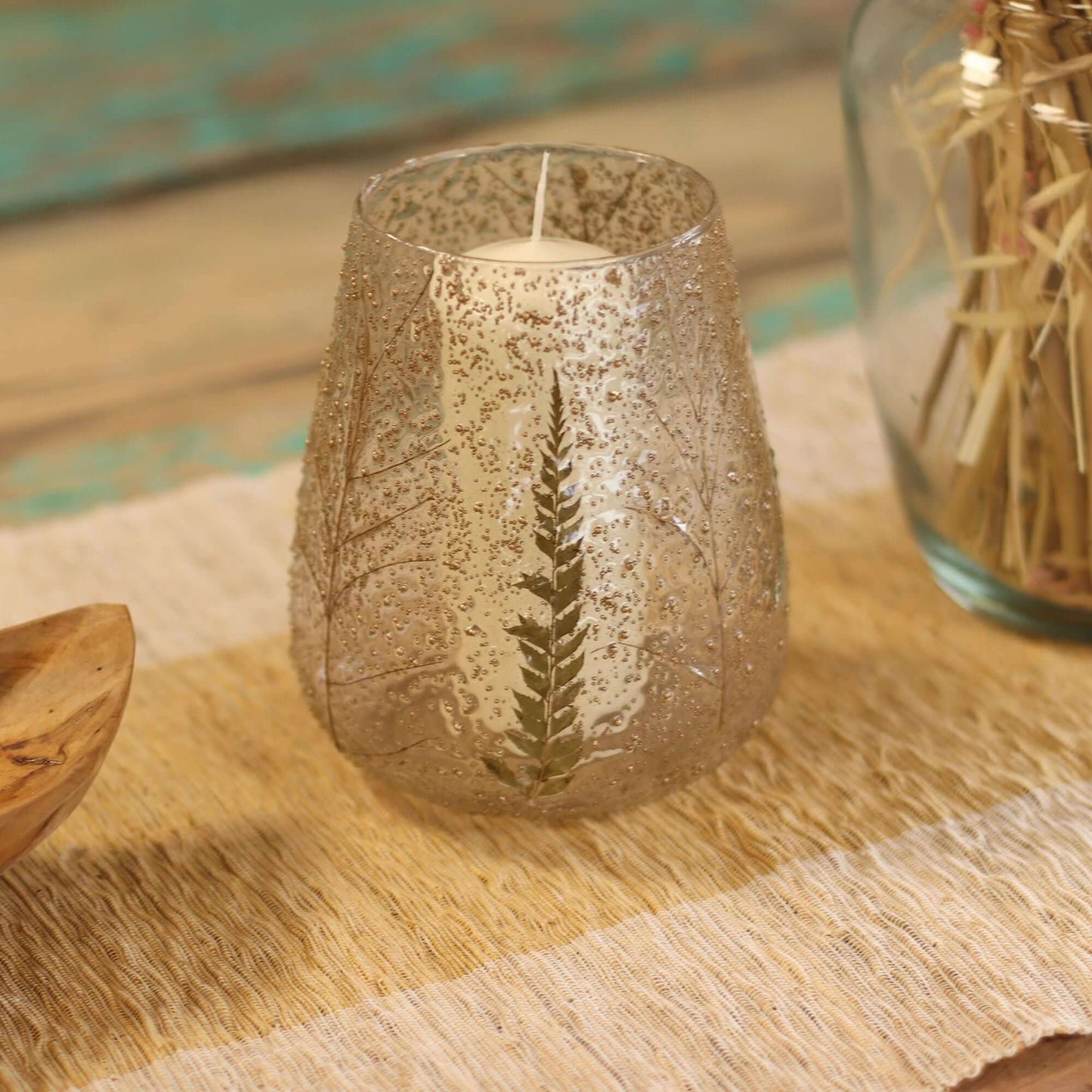 Natural Floral Glass Large Bowl Candle Holder Pino Recycled Fern Leaf Pattern with candle and rustic decor.