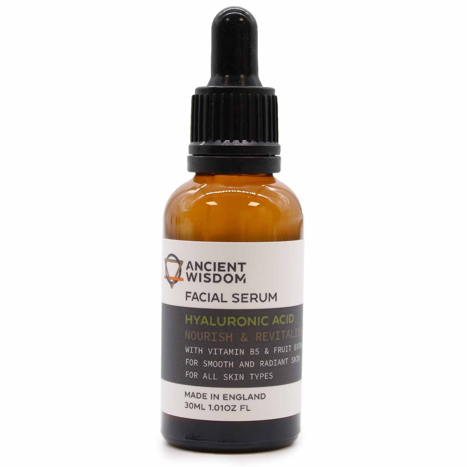 Ancient Wisdom Hyaluronic Acid Facial Serum bottle with dropper, 30ml, UK-made.