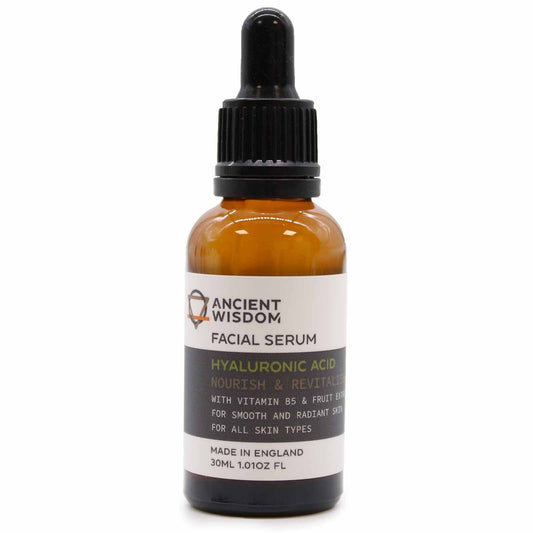 Ancient Wisdom Hyaluronic Acid Facial Serum bottle with dropper, 30ml, UK-made.