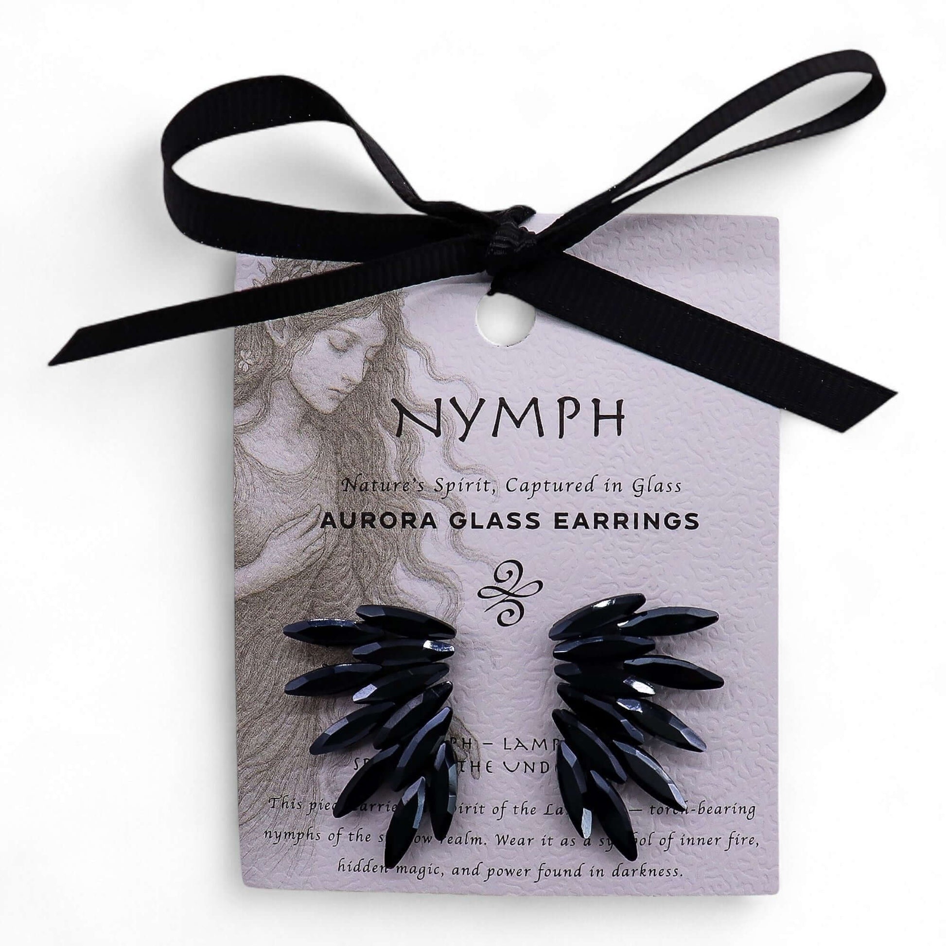 Jet Black Vintage Glass Fairies Earrings Stainless Steel Drops displayed on a card with nymph artwork and ribbon