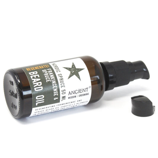 Nordic Spruce beard oil bottle with pump, brown glass, cap off; label shows Beard Oil and Nordic Spruce.
