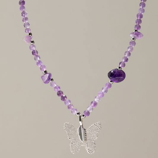 Amethyst Gemstone Necklace with Real Leaf Butterfly Pendant