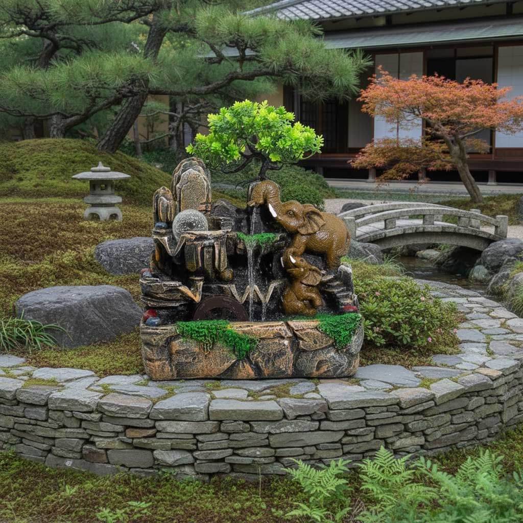 Tabletop Water Feature Elephants Crystal Ball Watermill Indoor Fountain Light