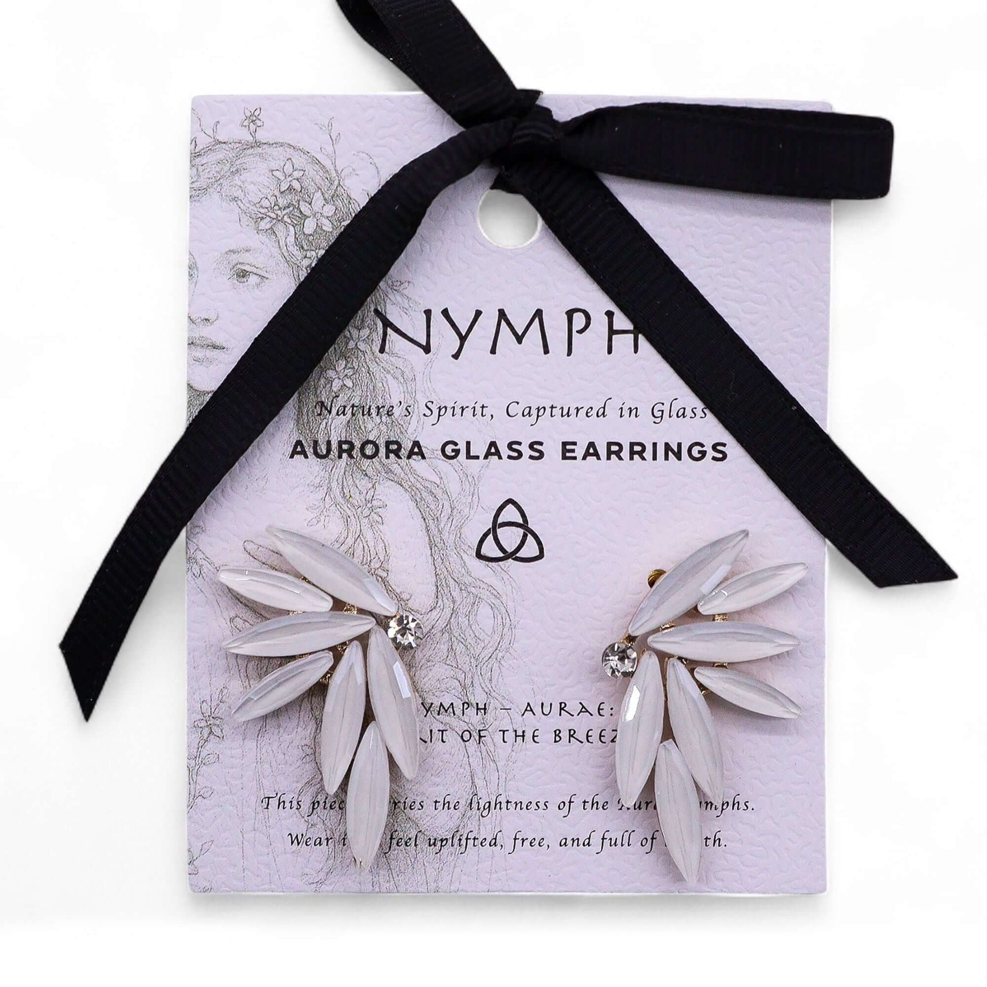 Pearl Vintage Glass Fairies Earrings With Stainless Steel Setting displayed with packaging and ribbon.