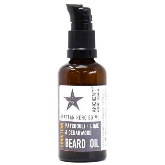 Spartan Hero 50 ml beard oil with patchouli, lime and cedarwood; conditioning blend with coconut, avocado and jojoba.