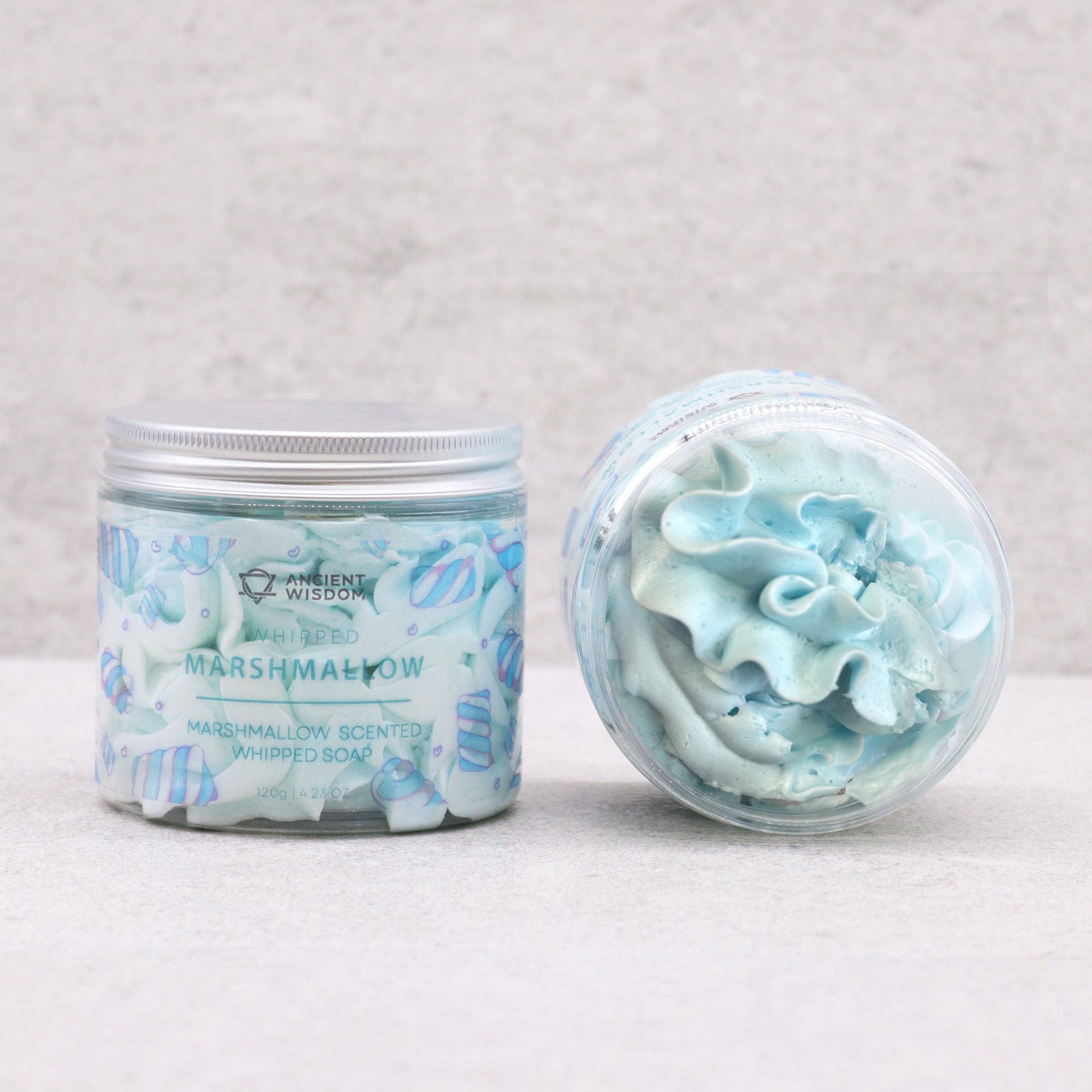 Two jars of Marshmallow Whipped Soap 120g with blue swirled soap, cruelty-free and vegan.