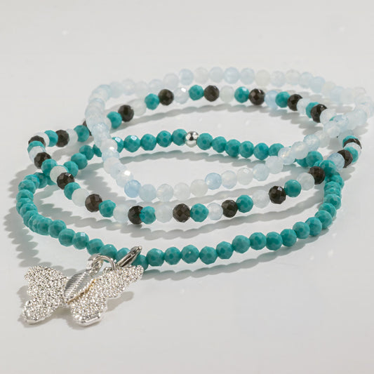 Aquamarine, Turquoise & Black Obsidian Gemstone Bracelet Set