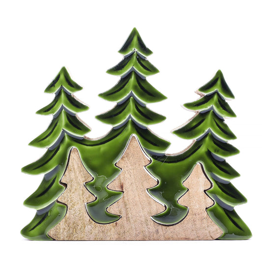 Three 3D green fir trees on a wooden base, Lost in the Forrest collection, 20x23cm, handcrafted in India.