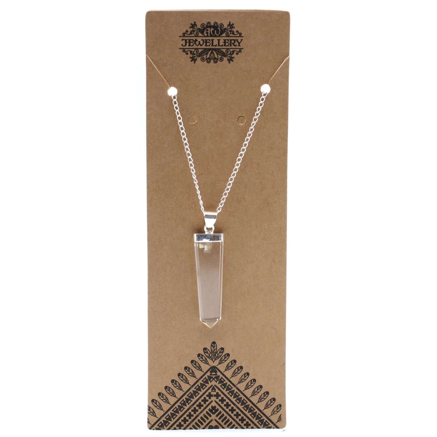 Rock Quartz Flat Pencil Pendant Necklace in Silver Plated displayed on a hanging card.