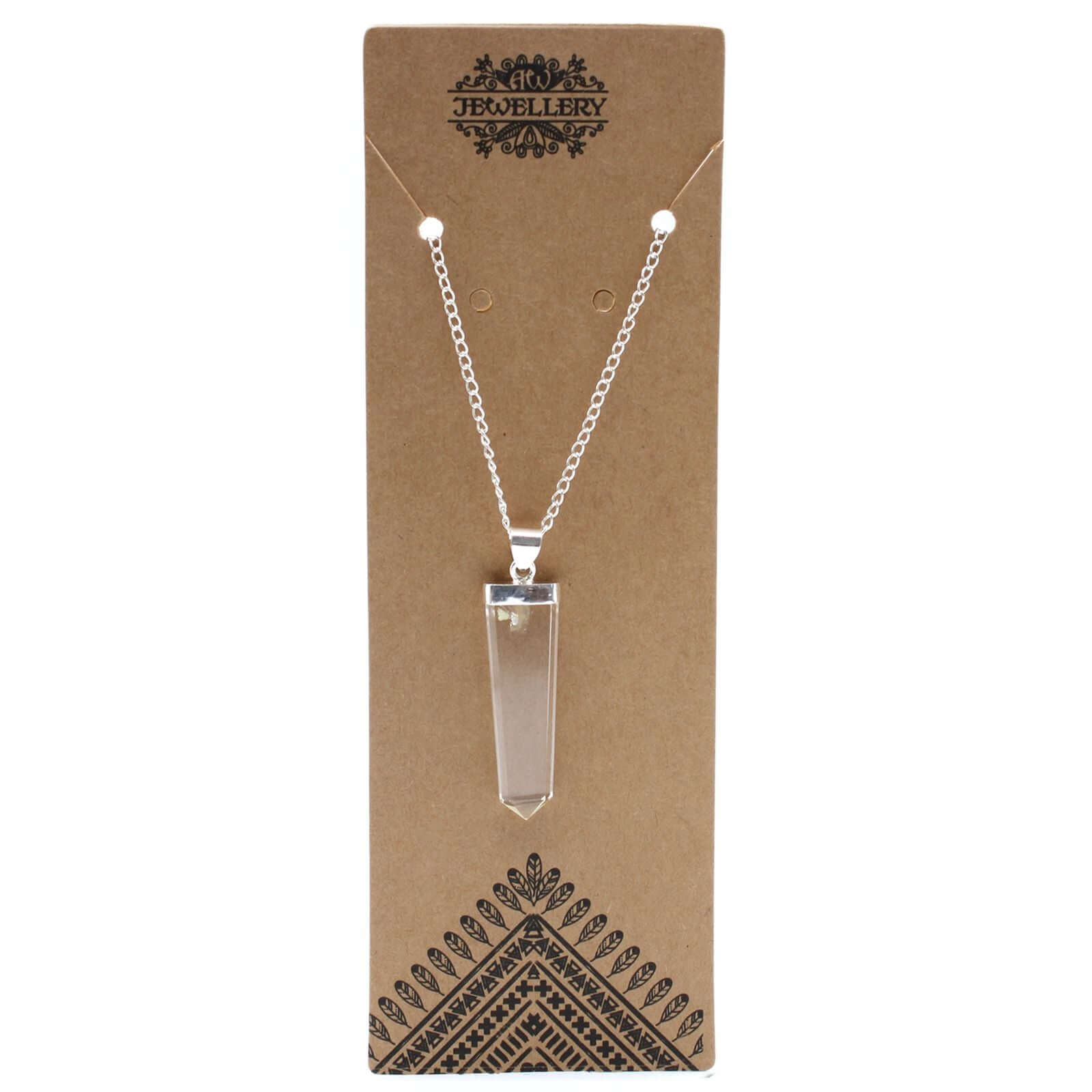 Rock Quartz Flat Pencil Pendant Necklace in Silver Plated displayed on a hanging card.