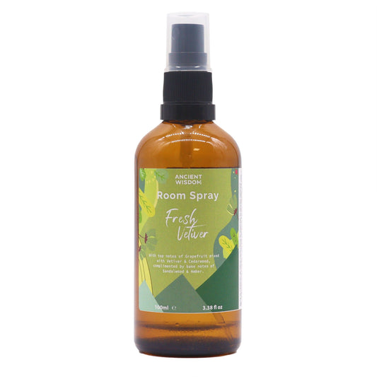 Ancient Wisdom Summer Room Spray - Fresh Vetiver 100ml amber spray bottle with green Fresh Vetiver label