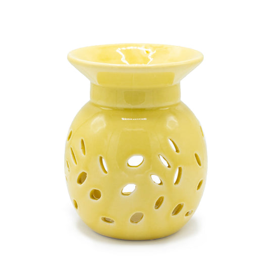 Floral Oil Burner - Yellow ceramic aromatherapy burner with floral cut-out holes and sunshine glaze