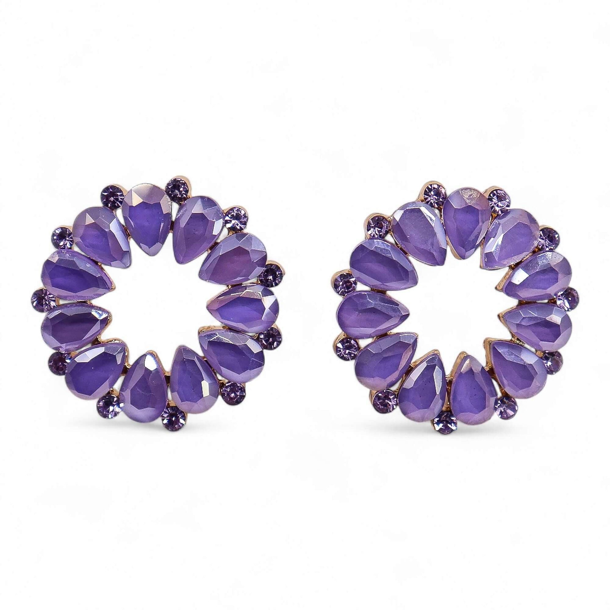 Pair of lavender vintage glass loop earrings with faceted teardrops and small round stones on stainless steel settings