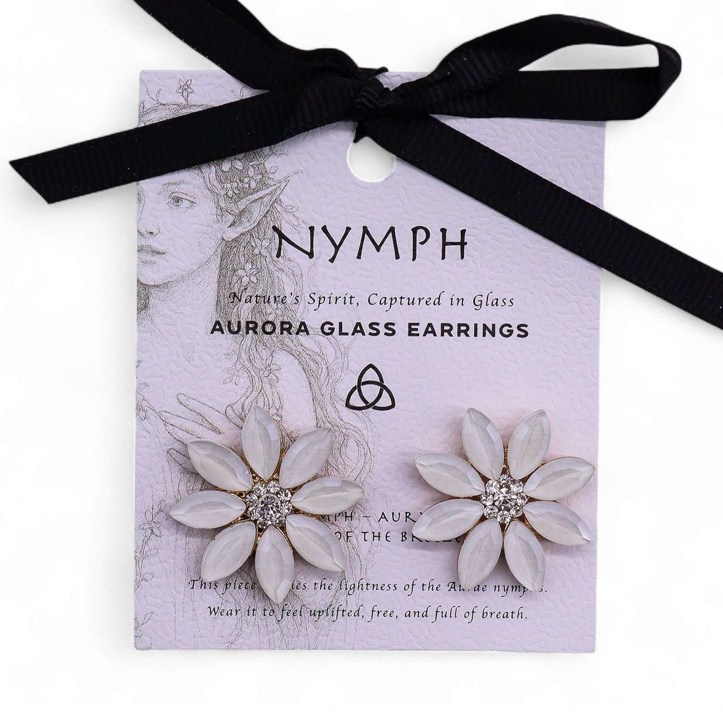 Pearl Vintage Glass Flower Earrings With Crystal Centre displayed on a card by Nymph, featuring a floral design and sparkling crystals.
