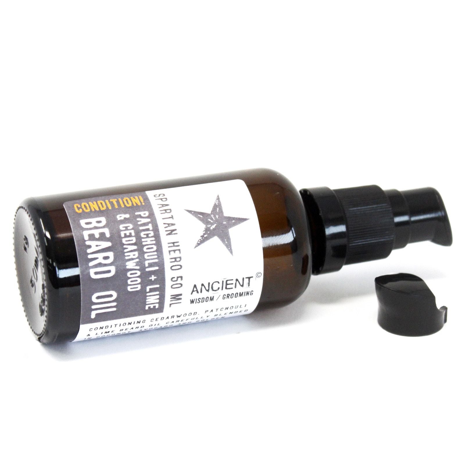 50ml Spartan Hero beard oil bottle with pump, brown glass, patchouli, lime & cedarwood scent.